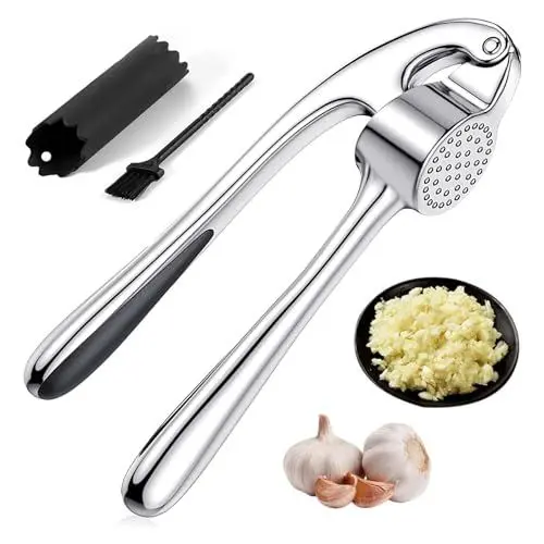 Produktbild: Knoblauchpresse Edelstahl Spümaschinenfest Knoblauch Presse Garlic Press Pressen Crusher Testsieger – Leicht Zu Reinigende Knoblauchpressen, KüChenhelfeMit Knoblauchschäler und Bürste
