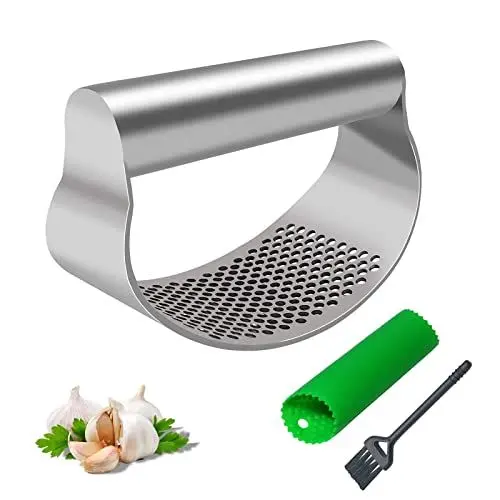 Produktbild: Knoblauchpresse Wippe Edelstahl Knoblauchwippe,Knoblauch Wiege,Knoblauchschneider,Stainless Steel Garlic Press Rocker Mincer Crusher Kochgerät Knoblauchmühle Küchenhilfe,Mit Silikon Knoblauchschäler