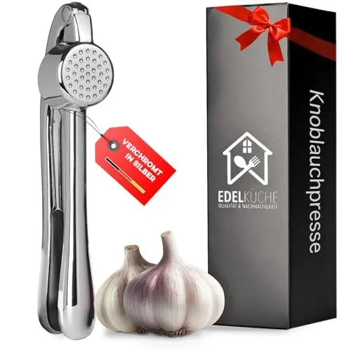 Produktbild: EdelKüche Premium Knoblauchpresse für Knoblauch & Ingwer (ohne Schälen) | Spülmaschinenfest | Ingwerpresse, Küchenutensil, Küchenwerkzeug | Praktisch und Pflegeleicht | Einfaches Pressen (Chrom)