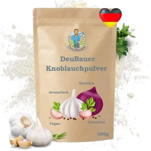 Produktbild: Knoblauchpulver, 100% naturrein, aus schonend getrocknetem gemahlenen Knoblauch ohne Zusätze & vegan - Knoblauchsalz und Bratpulver - perfekt für alle Gerichte - DeuBauer 200g