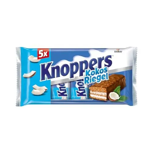 Produktbild: Knoppers KokosRiegel – 1 x 200g (5 Riegel) – Waffelriegel mit Milchcreme, Kokoscreme, Haselnüssen, Kokosraspeln und zartem Karamell, umhüllt von Vollmilchschokolade