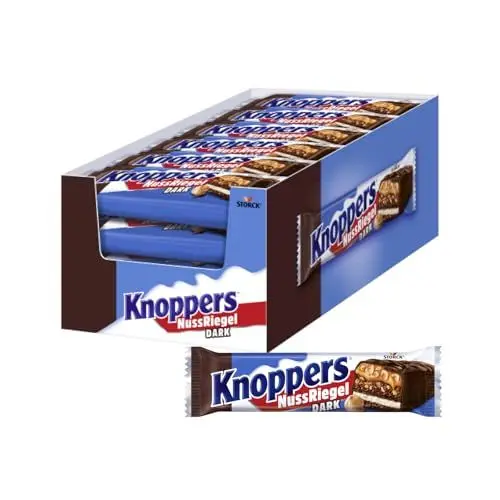 Produktbild: Knoppers NussRiegel Dark – 24 x 40g – Waffelriegel mit Milch- und Nugatcreme mit Gebäckstückchen, gehackten Haselnüssen und zartem Karamell, umhüllt von dunkler Milchschokolade