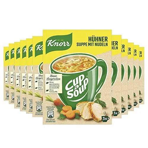 Produktbild: Knorr Cup a Soup Hühnersuppe mit Nudeln schnelle Nudelsuppe ohne Farbstoffe und ohne geschmacksverstärkende Zusatzstoffe 12x 3 Portionen