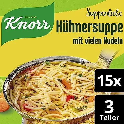 Produktbild: Knorr Suppenliebe Hühnersuppe für eine leckere Nudelsuppe mit vielen Nudeln ohne geschmacksverstärkende Zusatzstoffe und Farbstoffe 15 x 3 Teller