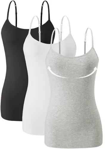 Produktbild: Knuffnee Damen Baumwolle Unterhemd Regal BH Unterhemden Verstellbaren Spaghetti Top 3er Pack Schwarz/Weiß/Grau S