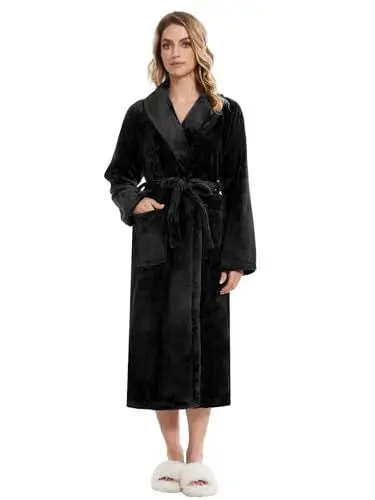 Produktbild: Knuffnee Damen Fleece Morgenmantel Flauschig Lang Bademantel Kuschelig Weich Saunamantel mit Taschen Schwarz S