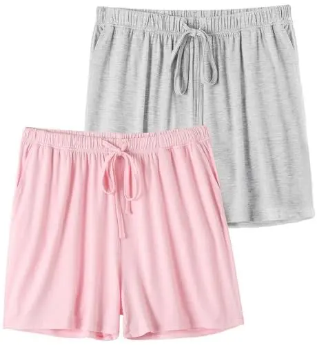 Produktbild: Knuffnee Damen Schlafanzughose Kurz Weiche Pyjama Shorts Pyjamahose mit Taschen und Kordelzug 2er Pack Grau/Rosa M