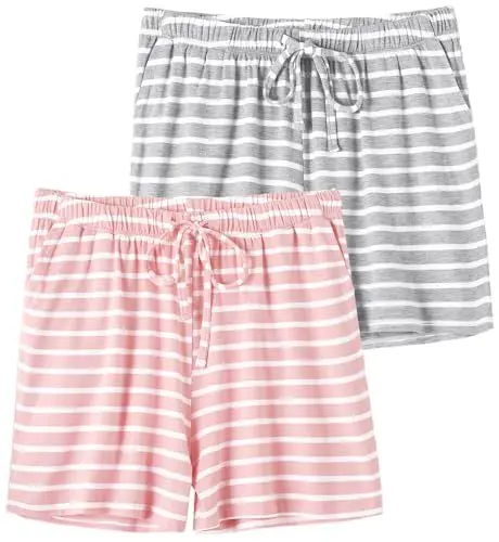 Produktbild: Knuffnee Damen Schlafanzughose Kurz Weiche Pyjama Shorts Pyjamahose mit Taschen und Kordelzug 2er Pack Grau Streifen/Rosa Streifen XL