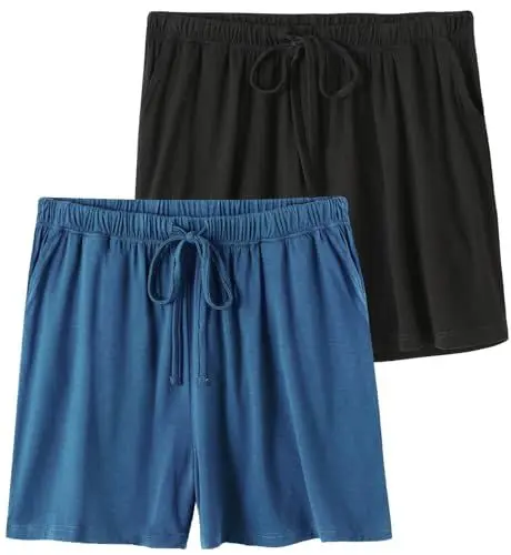 Produktbild: Knuffnee Damen Schlafanzughose Kurz Weiche Pyjama Shorts Pyjamahose mit Taschen und Kordelzug 2er Pack Schwarz/Blau S