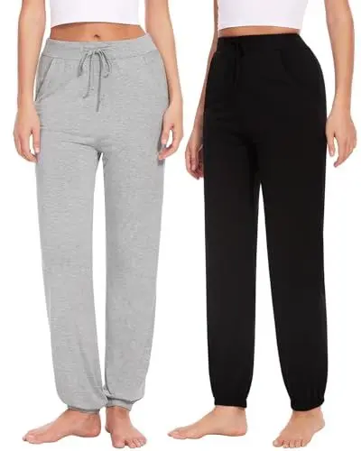 Produktbild: Knuffnee Damen Schlafanzughose Lang Pyjamahose Weiche Jogginghose Freizeithose mit Taschen 2 Pack Thin Grau/Schwarz M