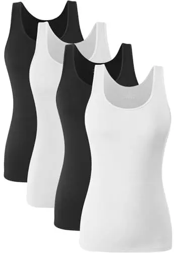Produktbild: Knuffnee Damen Stretch Unterhemd Basic Tank Tops Workout Unterhemden Tops 4er Pack Schwarz/Weiß/Schwarz/Weiß XXL