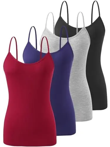 Produktbild: Knuffnee Damen Unterhemden Verstellbare Spaghetti Tops Basic Cami Tank Top 4er Pack Schwarz/Grau/Dunkelblau/Weinrot S