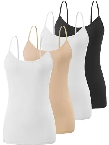 Produktbild: Knuffnee Damen Unterhemden Verstellbare Spaghetti Tops Basic Cami Tank Top 4er Pack Schwarz/Weiß/Beige/Weiß L