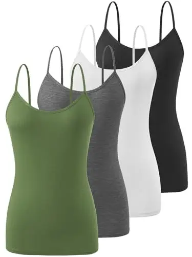 Produktbild: Knuffnee Damen Unterhemden Verstellbare Spaghetti Tops Basic Cami Tank Top 4er Pack Schwarz/Weiß/Dunkelgrau/Armeegrün M