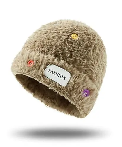 Produktbild: Knuffnee Damen Winter Slouchy Beanie Mütze Warme Plüsch Wintermütze Weiche Flauschige Strickmütze Khaki Knöpfe