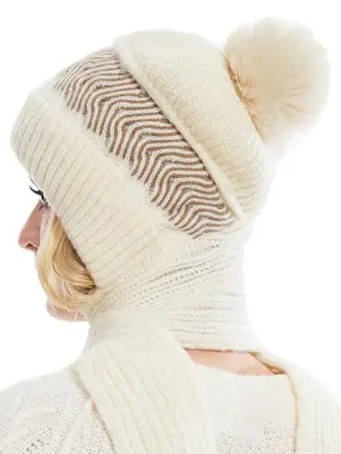 Produktbild: Knuffnee Damen Winter Warme Mütze Winddichter Kapuzenschal Weiche Strickmütze Fleece Gefüttert Mütze Schal 2 in 1 Beige