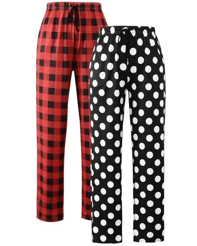 Produktbild: Knuffnee Schlafanzughosen für Damen Lang Karierte Pyjamahose Stretch Freizeithose Weich Schlafhose mit Taschen 2 pack Rot Kariert/Dots M