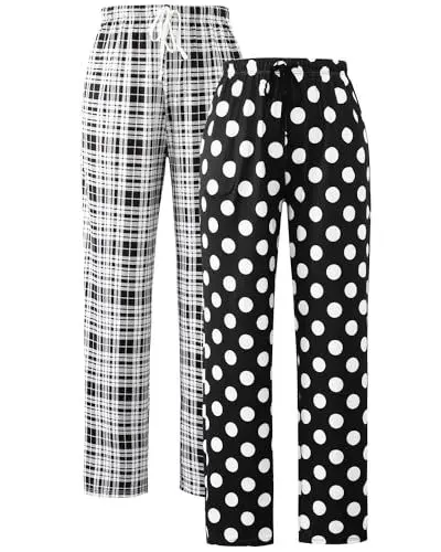 Produktbild: Knuffnee Schlafanzughosen für Damen Lang Karierte Pyjamahose Stretch Freizeithose Weich Schlafhose mit Taschen 2 pack Schwarzer Kariert/Dots XL