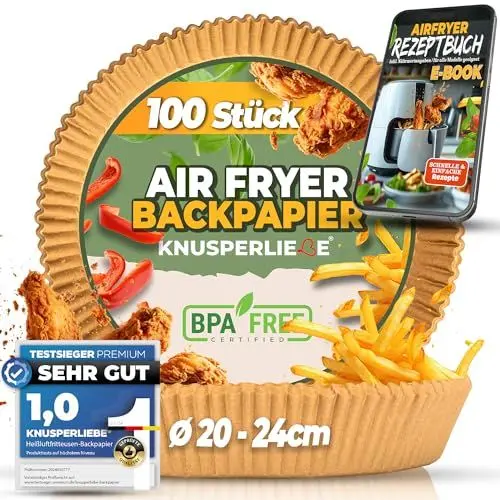 Produktbild: KNUSPERLIEBE® Backpapier für Heißluftfritteuse XXL 20-25cm 5-7,3 L, 100 Stück Airfryer Liner, Ölbeständig Antihaft Einwegschalen Pergamentpapier Für: Philips,COSORI