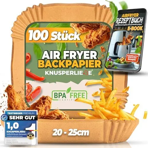 Produktbild: KNUSPERLIEBE® Backpapier für Heißluftfritteuse XXL 20-24cm 5-8 L, 100 Stück Airfryer Liner, Ölbeständig Antihaft Einweg und ungebleicht. Lebensmittelecht, BPA-frei, FDA- und LFGB-zertifiziert