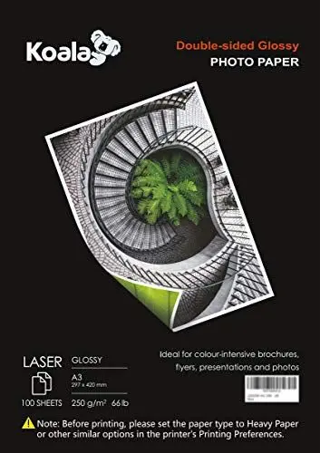 Produktbild: KOALA Fotopapier für Laserdrucker, Doppelseitig, Glänzend, A3, 250 g/m², 100 Blatt. Geeignet zum Drucken von Fotos, Zertifikaten, Broschüren, Flyern, Faltblättern, Grußkarten, Kalendern, Kunst