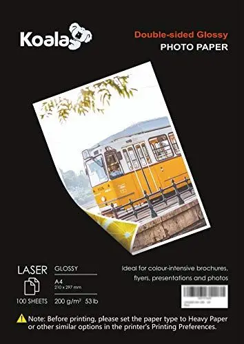 Produktbild: KOALA Fotopapier für Laserdrucker, Doppelseitig, Glänzend, A4, 200 g/m², 100 Blatt. Geeignet zum Drucken von Fotos, Zertifikaten, Broschüren, Flyern, Faltblättern, Grußkarten, Kalendern, Kunst