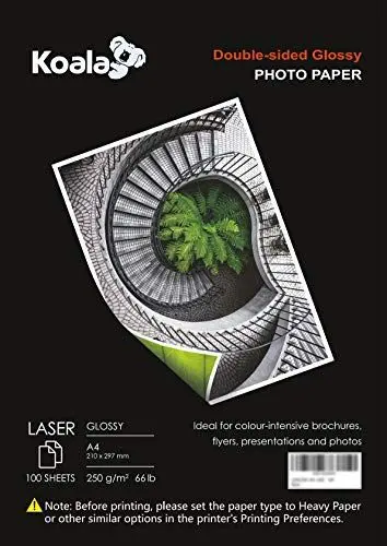 Produktbild: KOALA Fotopapier für Laserdrucker, Doppelseitig, Glänzend, A4, 250 g/m², 100 Blatt. Geeignet zum Drucken von Fotos, Zertifikaten, Broschüren, Flyern, Faltblättern, Grußkarten, Kalendern, Kunst