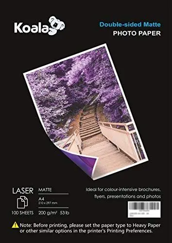 Produktbild: KOALA Fotopapier für Laserdrucker, Doppelseitig, Matt, A4, 200 g/m2, 100 Blatt. Geeignet zum Drucken von Fotos, Zertifikaten, Broschüren, Flyern, Faltblättern, Grußkarten, Kalendern, Kunst