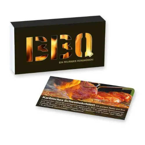 Produktbild: Kochbuch - Geschenkidee NEU! 35 BBQ Rezepte. Kochbox BBQ: Eine feuriges Vergnügen!. 37 Rezeptkarten zum Grillen von Fleisch, Fisch, Gemüse - und Desserts