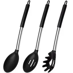 Produktbild: Kochlöffel Silikon, 3 Stück BPA-freies Silikon Antihaft Schlitzöffel Volllöffel Spaghettiheber Kochlöffel set, hitzebeständige Silikon Kochlöffel Küchenutensilien zum Mischen und Servieren, Schwarz