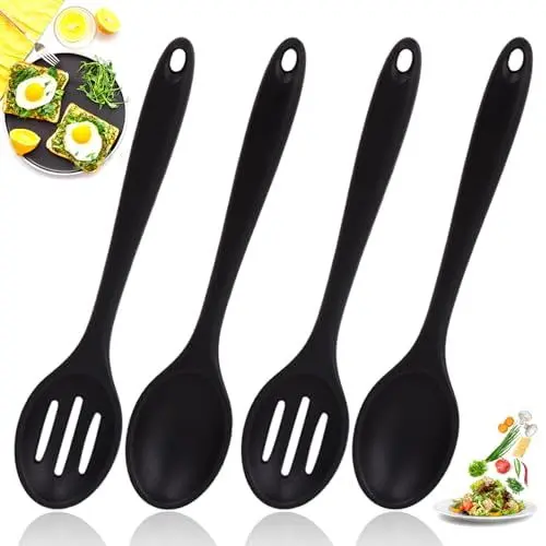 Produktbild: Kochlöffel Silikon, Mixing Spoons Hitzebeständig Rührlöffel mit Loch Mischlöffel Schwarz Servierlöffel Kitchenaid Löffel Kochen zum Küche Backen Schöpfen Rühren