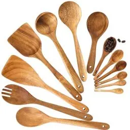 Produktbild: Kochlöffel aus Holz, 13-teiliges Küchenutensilien-Set aus Akazienholz, inklusive Kochlöffel, Pfannenwender, Suppenkelle, Messlöffel für die Küche, Kochutensilien-Set aus Naturholz