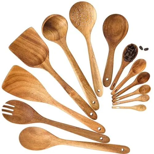 Produktbild: Kochlöffel aus Holz, 13-teiliges Küchenutensilien-Set aus Akazienholz, inklusive Kochlöffel, Pfannenwender, Suppenkelle, Messlöffel für die Küche, Kochutensilien-Set aus Naturholz
