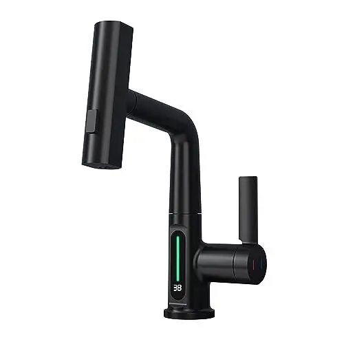 Produktbild: Kocusu Küchenarmatur mit Brause Ausziehbar,360° Drehung Wasserhahn Küche Ausziehbar mit Display,Armatur Küche mit Strahlregler 60CM,Hochdruck Spültischarmatur mit 3 Strahlarten (Schwarz)