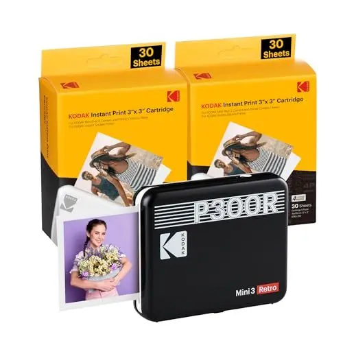 Produktbild: KODAK Mini 3 Retro 4Pass Tragbarer Fotodrucker (7,6 x 7,6 cm) – Paket mit 68 Blättern, schwarz