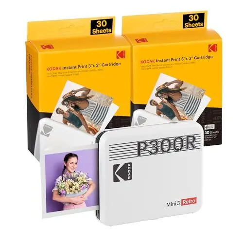 Produktbild: KODAK Mini 3 Retro 4Pass Tragbarer Fotodrucker (7,6 x 7,6 cm) – Paket mit 60 Blatt, weiß
