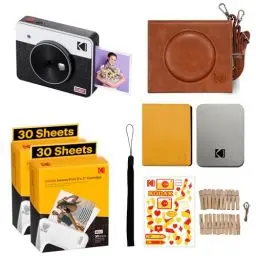 Produktbild: KODAK Mini Shot 3 Retro 4PASS 2-in-1 Sofortbildkamera und tragbarer Fotodrucker (7,6 x 7,6 cm) + Zubehörpaket mit 68 Blatt, Weiß