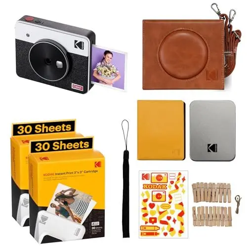 Produktbild: KODAK Mini Shot 3 Retro 4PASS 2-in-1 Sofortbildkamera und tragbarer Fotodrucker (7,6 x 7,6 cm) + Zubehörpaket mit 68 Blatt, Weiß