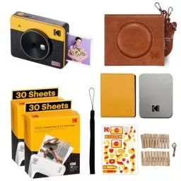Produktbild: KODAK Mini Shot 3 Retro 4PASS 2-in-1 Sofortbildkamera und tragbarer Fotodrucker (7,6 x 7,6 cm) + Zubehörpaket mit 68 Blatt, Gelb