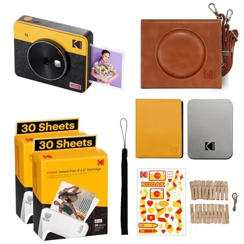 Produktbild: KODAK Mini Shot 3 Retro 4PASS 2-in-1 Sofortbildkamera und tragbarer Fotodrucker (7,6 x 7,6 cm) + Zubehörpaket mit 68 Blatt, Gelb