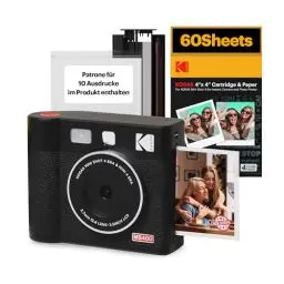 Produktbild: KODAK Mini Shot 4 ERA 4PASS 2-in-1 Sofortbildkamera und Fotodrucker (10x10cm) Sofortbildkamera + 10 Blatt im Lieferumfang enthalten + 60-Blatt-Patrone, Schwarz
