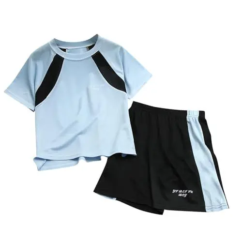 Produktbild: KODMNSW Bekleidungssets für Jungen Schnelltrocknend Basketball Fussball Trikot Sommer Outfits Sportanzug Kurzarm Tshirt & Sport Shorts Sportkleidung 3-16 Jahre Hellblau 140