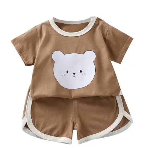 Produktbild: KODMNSW Bekleidungssets für Jungen Sommer Kleidung Outfit 2-tlg Cartoon Print Kurzarm Tshirt Tops & Casual Shorts Sportbekleidung Jogginganzug Kinderkleidung Braun 80