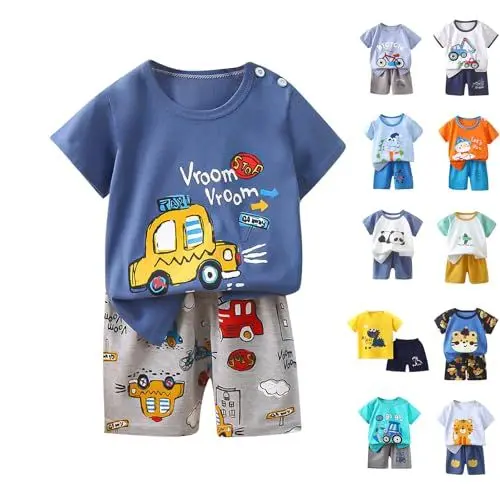 Produktbild: KODMNSW Bekleidungssets für Jungen Sommer Kleidung Outfit 2-tlg Gr.73-130 Cartoon Print Kurzarm Tshirt Tops & Casual Shorts Sportbekleidung Jogginganzug Kinderkleidung Marine 120