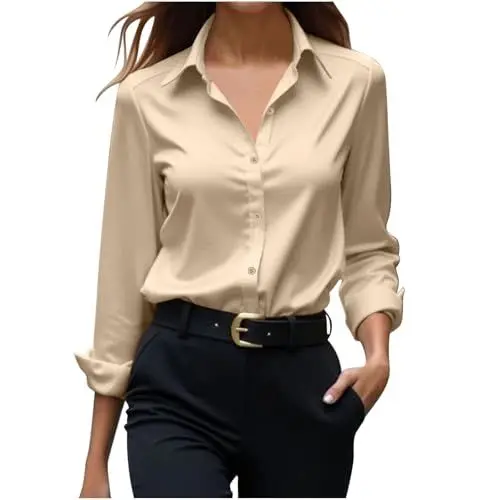 Produktbild: KODMNSW Blusen Damen Satin Bluse Elegante Oberteile Hemdbluse Langarm Hemden Locker Casual Arbeit Shirt Mode Seidig Shirt Seiden Business Blusenshirt Lässiges Arbeitshemd Khaki L