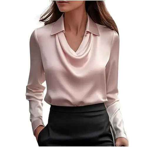 Produktbild: KODMNSW Blusen Damen Satin Bluse Elegante Oberteile Langarm Shirts Festliche Blusen Elegant Seidig Shirt Hemdbluse Arbeitshemd Seiden Business Blusenshirt Lässiges Langarmshirt Rosa 3XL