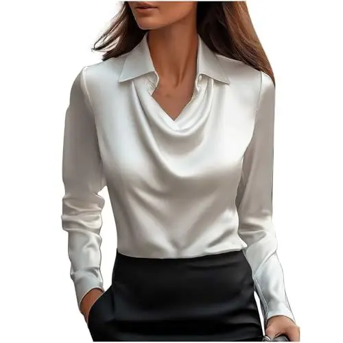 Produktbild: KODMNSW Blusen Damen Satin Bluse Elegante Oberteile Langarm Shirts Festliche Blusen Elegant Seidig Shirt Hemdbluse Arbeitshemd Seiden Business Blusenshirt Lässiges Langarmshirt Weiß L