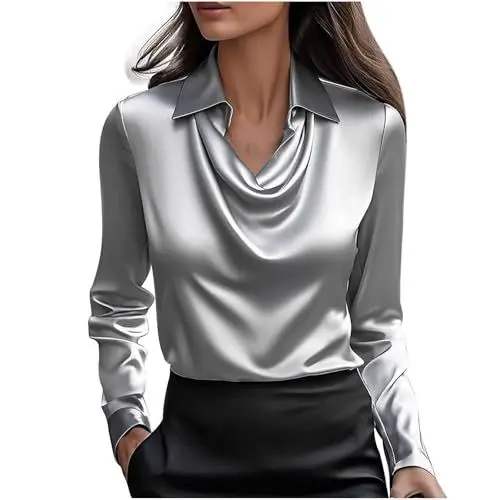 Produktbild: KODMNSW Blusen Damen Satin Bluse Elegante Oberteile Langarm Shirts Festliche Blusen Elegant Seidig Shirt Hemdbluse Arbeitshemd Seiden Business Blusenshirt Langarmshirt Grau S