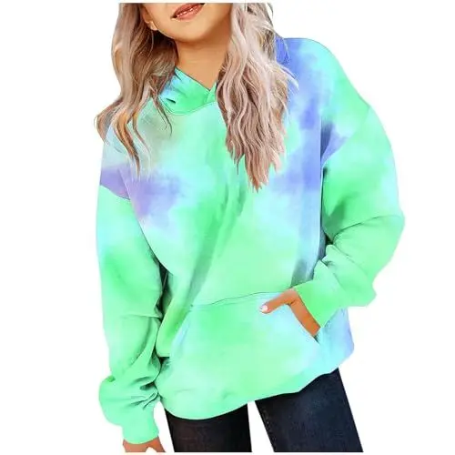 Produktbild: KODMNSW Hoodie Mädchen Sweatshirt mit Kapuze Tie-Dye Farbverlauf Kapuzenpullover Oversized Pullover Casual Langarmshirt Y2K Top Niedliches Oberteile Herbst/Winter Longshirt Grün 140