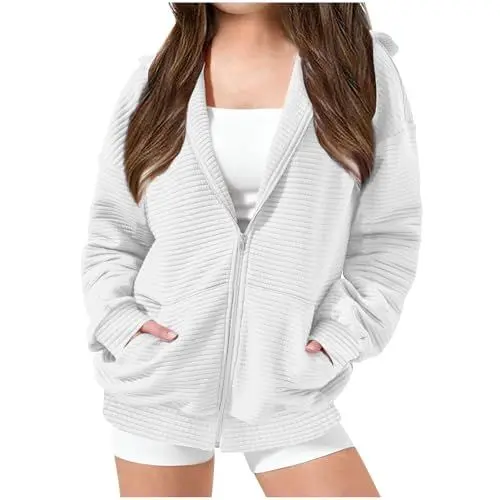 Produktbild: KODMNSW Kapuzenpullover Teenager Mädchen Sweatjacke Streifen Hoodie Jacke Weich Bequem Kapuzenjacke Sweatshirt mit Kapuzen Reißverschluss Kinder Outdoor Jacke Übergangsjacke Weiß 160